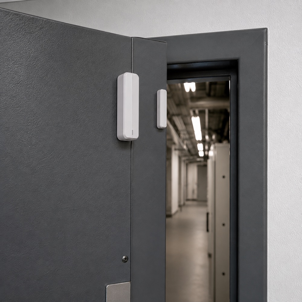 Contact d’ouverture installé sur une porte de local technique