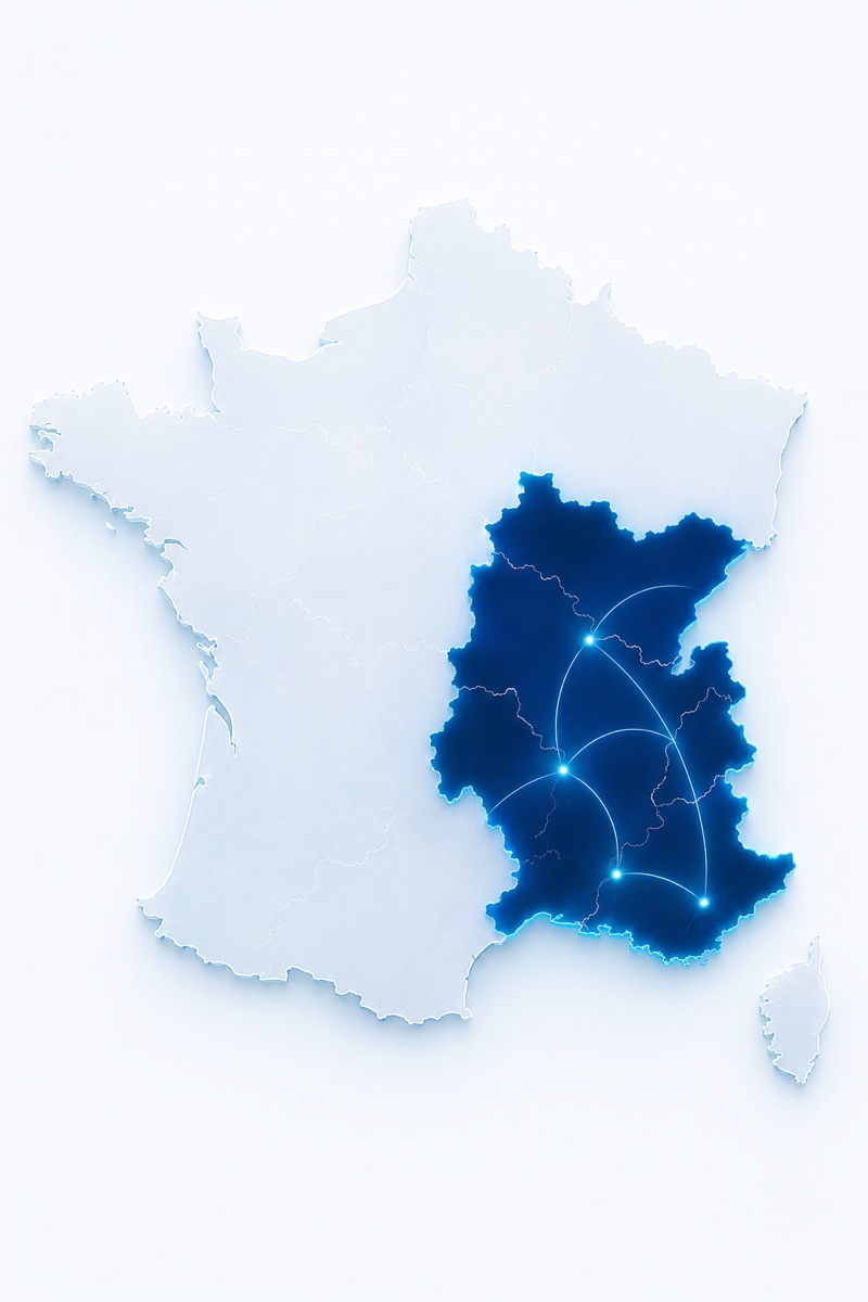 Carte illustrée de la zone d’intervention de VOLTEM dans le quart Sud-Est de la France