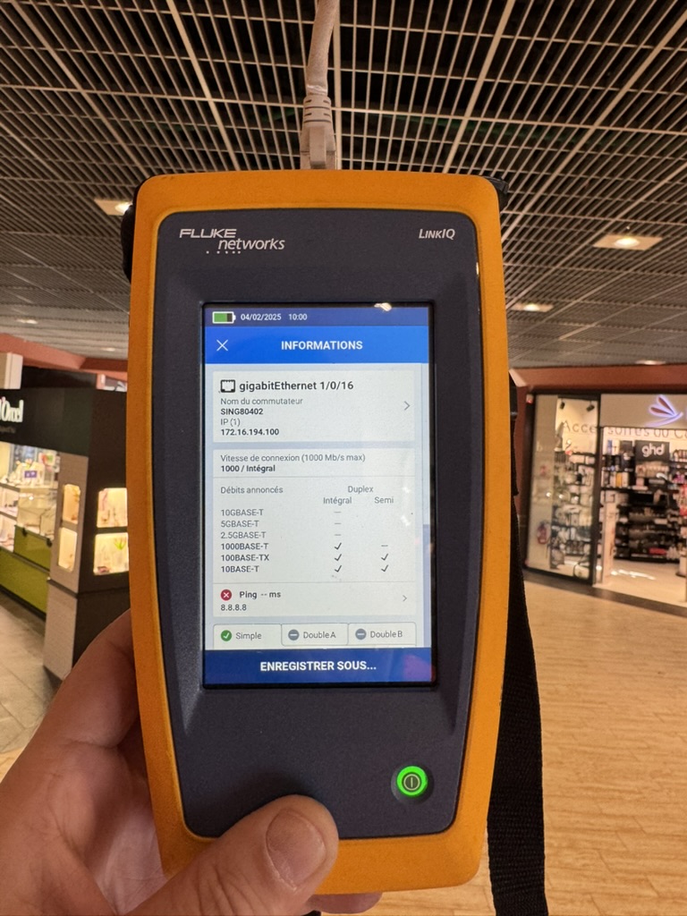 Contrôle du lien Ethernet et des informations de connexion sur site